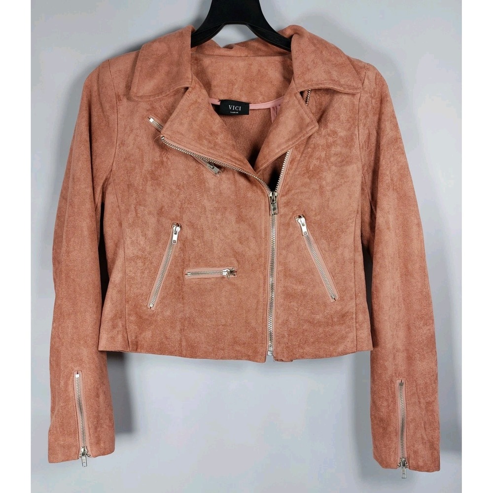 Vici Womens Moto Jacket‎ Size Large Faux Suede Blush Pink Zipper Closure Accents